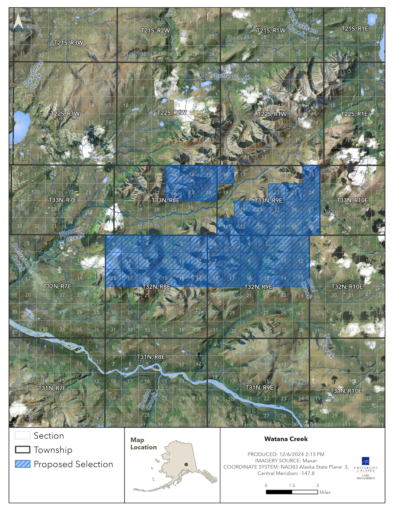 Map depicting the proposed selection of 37,055 acres of the lands near Watana Creek Map depicting the proposed selection of approximately 37,055 acres of the lands near Watana Creek
