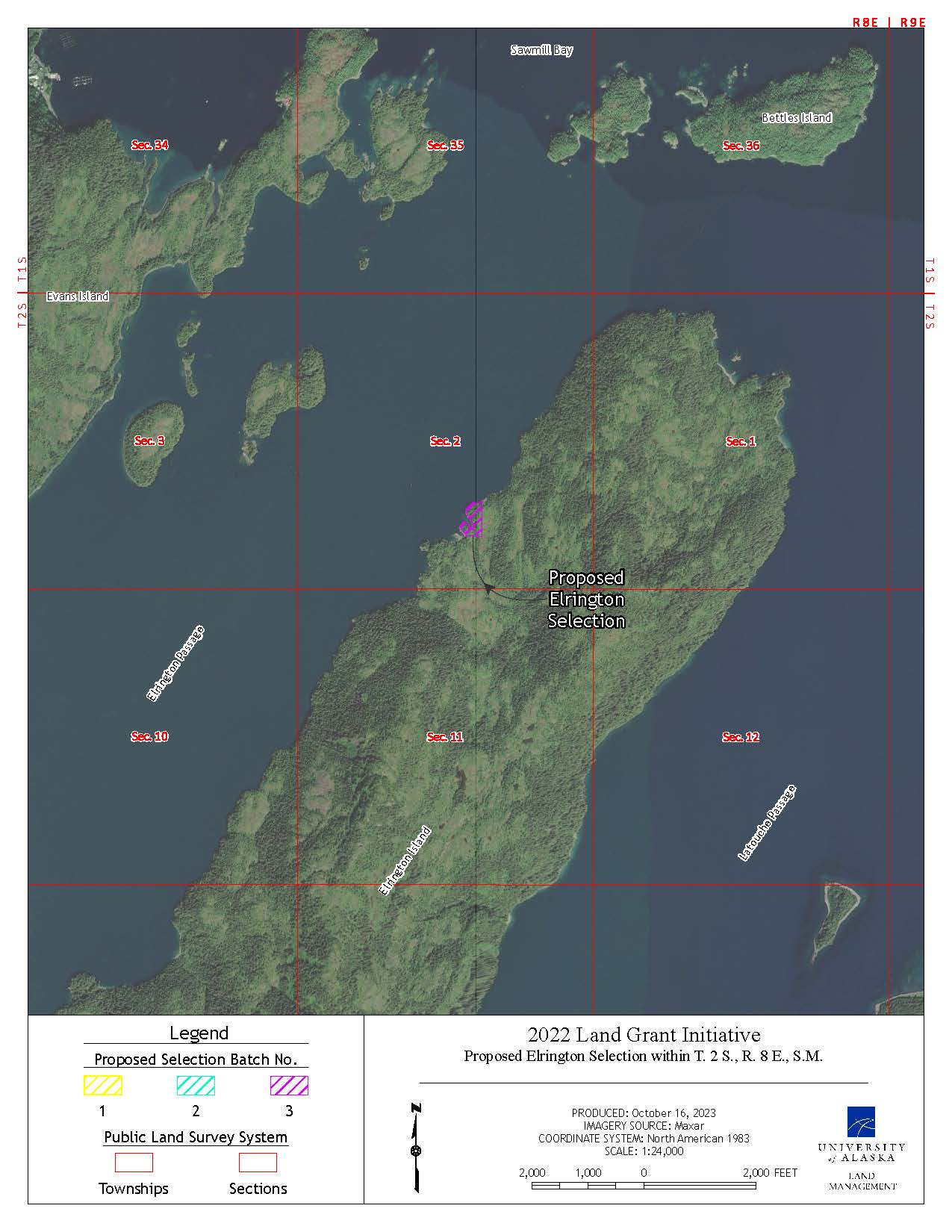 Map depicting the proposed selection of approximately 5 acres of the lands on Elrington Island south of Chenega