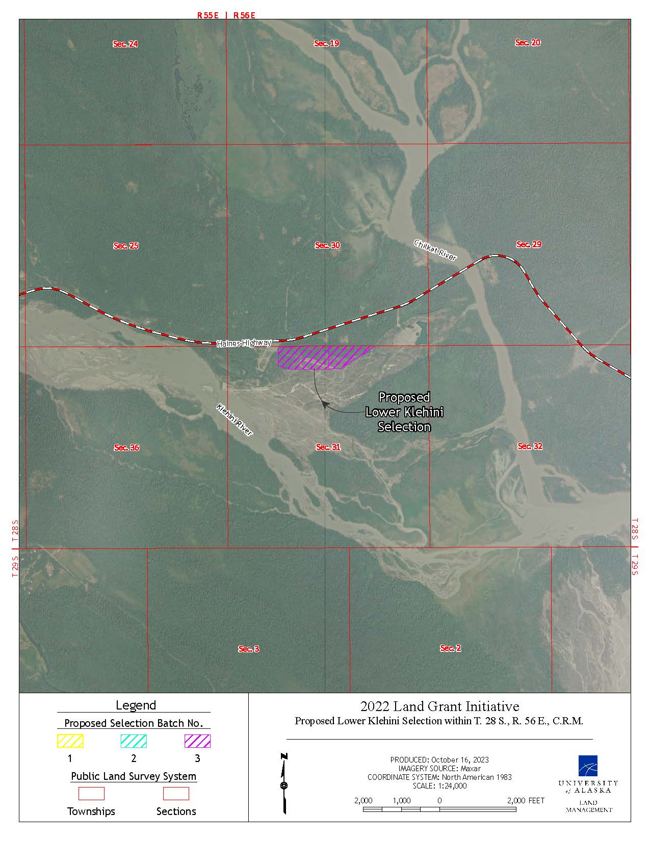 Map depicting the proposed selection of approximately 28.27 acres of the lands on Haines Highway west-northwest of Klukwan