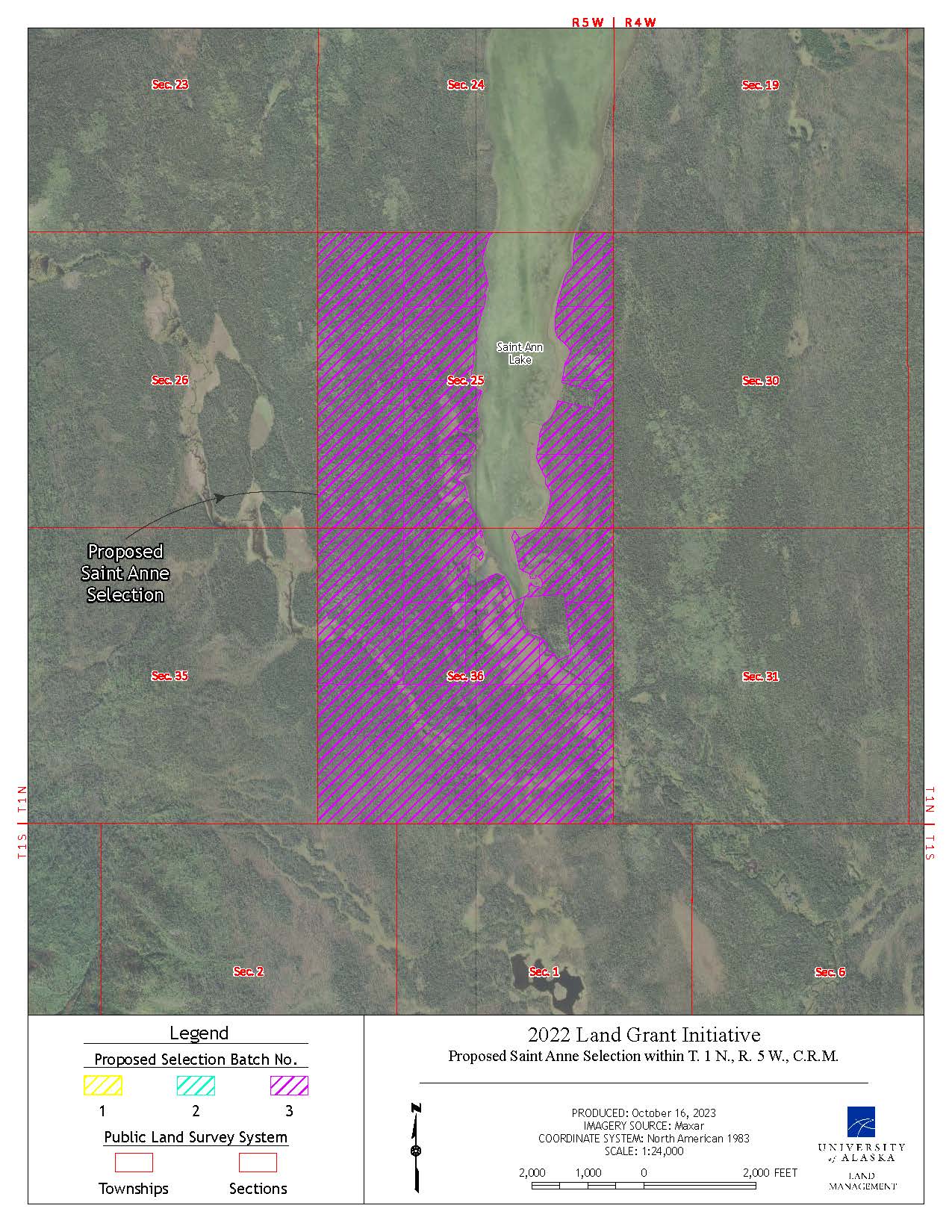 Map depicting the proposed selection of approximately 1,065.57 acres of the lands on Saint Anne Lake
