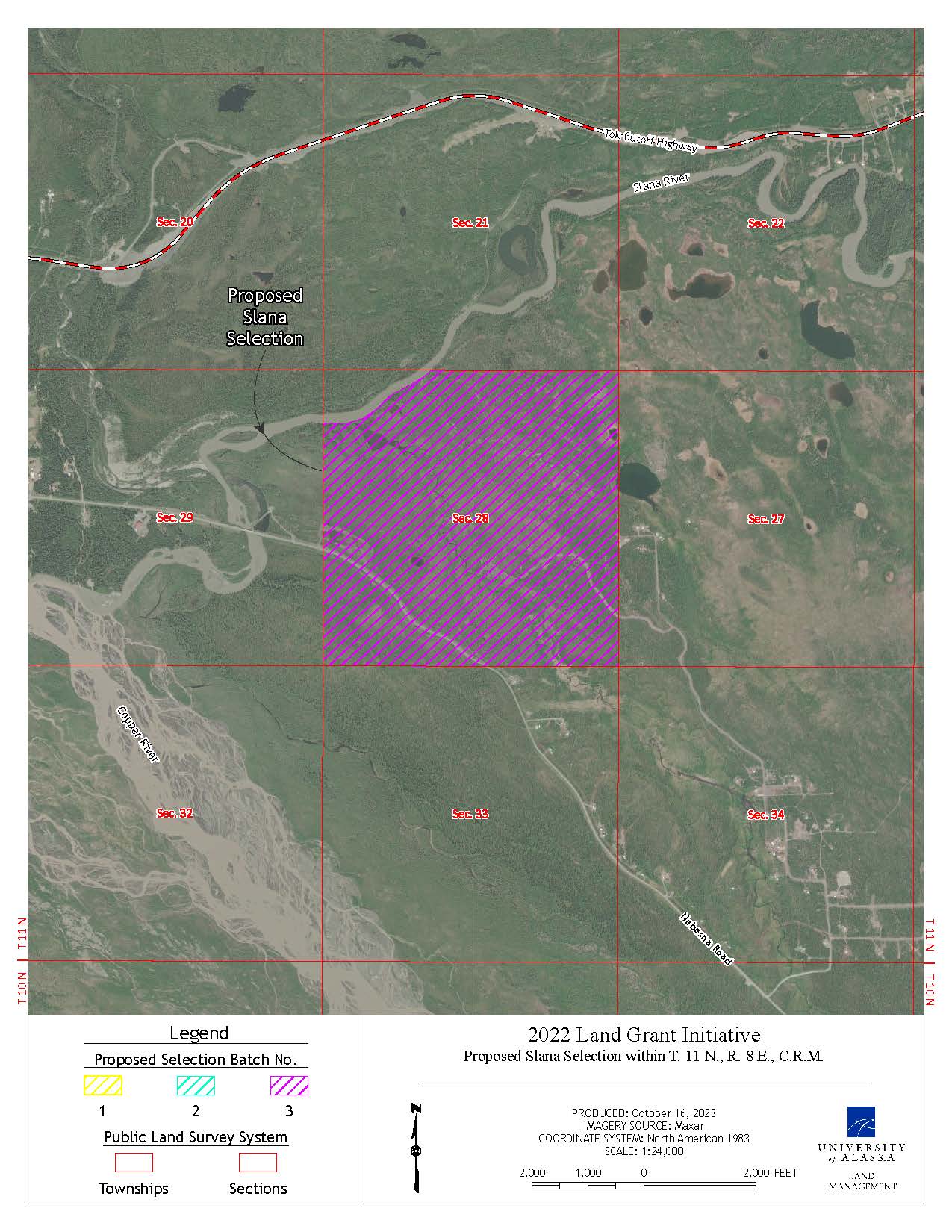 Map depicting the proposed selection of approximately 613 acres of the lands near Slana