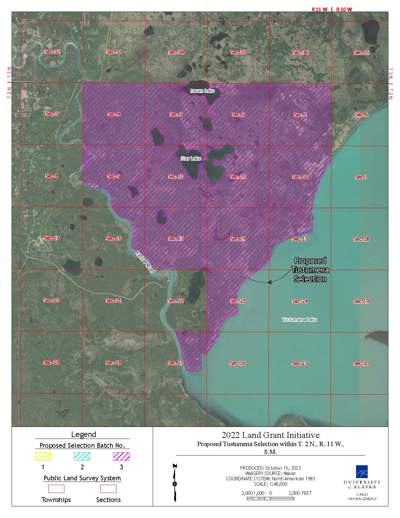 Map depicting the proposed selection of approximately 6,575 acres of the lands on Tustumena Lake and the Kasilof River near southeast of Kasilof