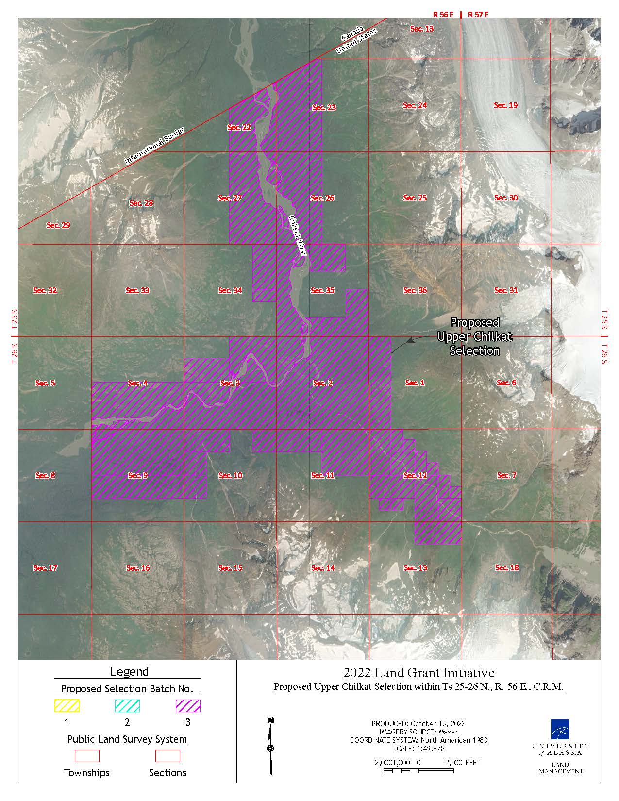 Map depicting the proposed selection of approximately 4,406 acres of the lands along the Upper Chilkat River on the USA and Canada border